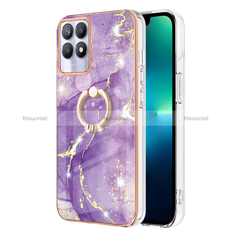 Silicone Candy Rubber Gel Fashionable Pattern Soft Case Cover with Finger Ring Stand Y05B for Realme 8i Purple