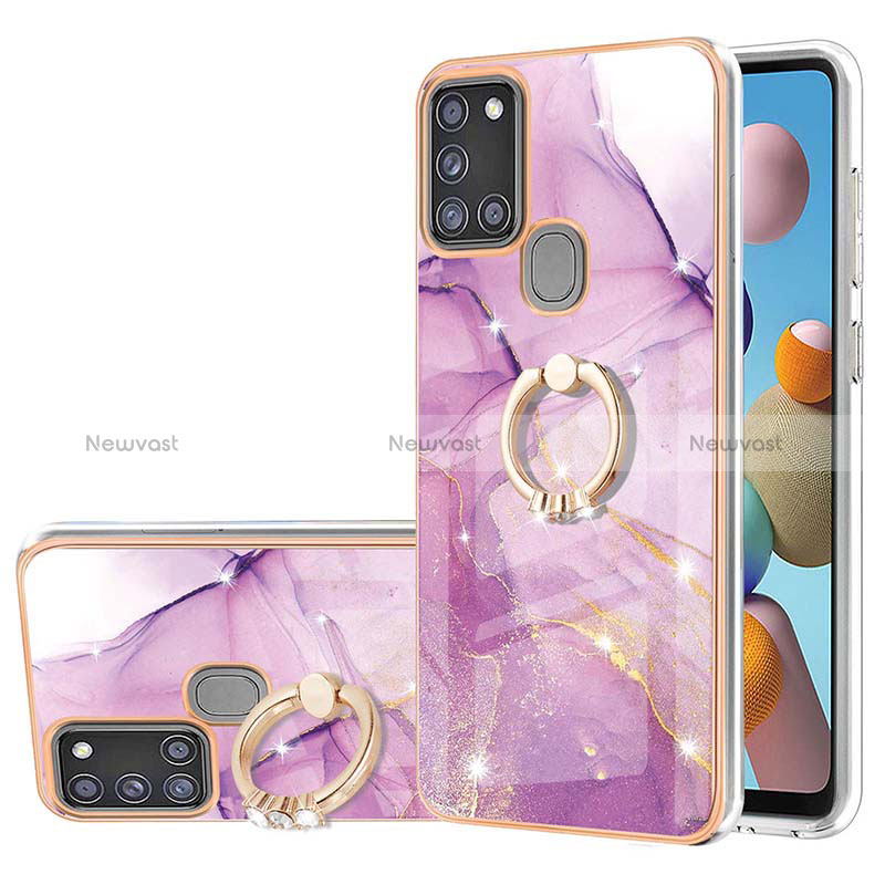 Silicone Candy Rubber Gel Fashionable Pattern Soft Case Cover with Finger Ring Stand Y05B for Samsung Galaxy A21s Clove Purple