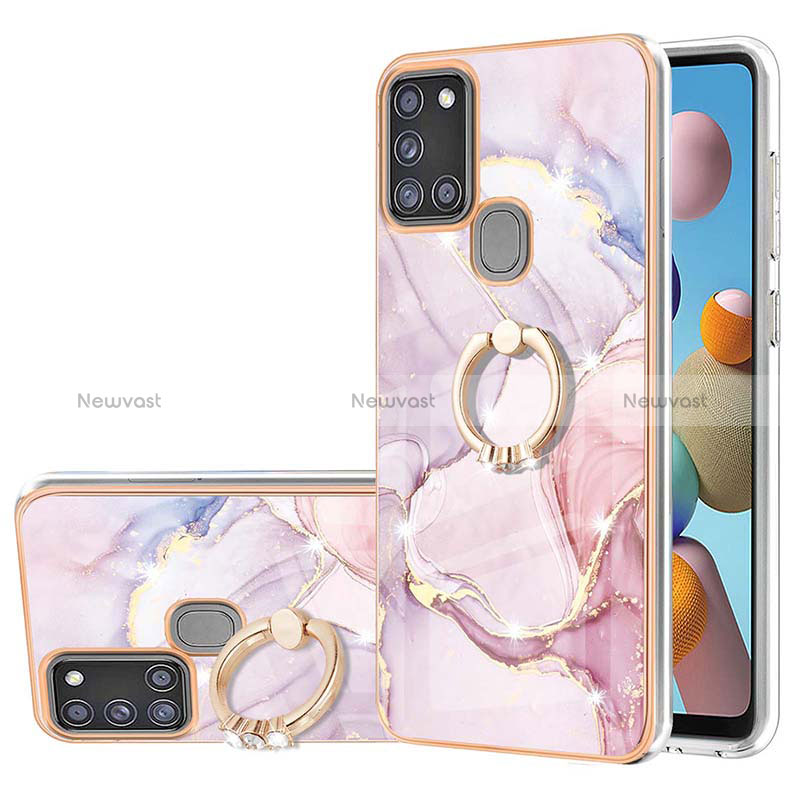 Silicone Candy Rubber Gel Fashionable Pattern Soft Case Cover with Finger Ring Stand Y05B for Samsung Galaxy A21s Pink