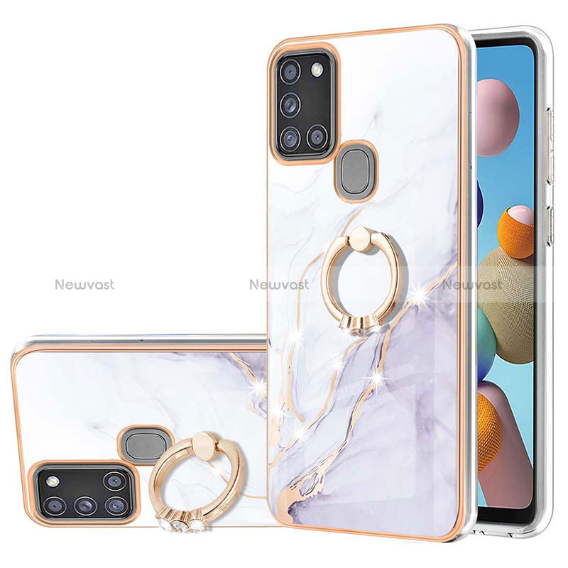 Silicone Candy Rubber Gel Fashionable Pattern Soft Case Cover with Finger Ring Stand Y05B for Samsung Galaxy A21s White