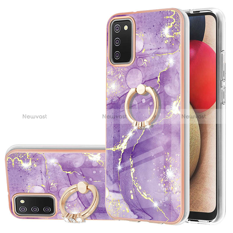 Silicone Candy Rubber Gel Fashionable Pattern Soft Case Cover with Finger Ring Stand Y05B for Samsung Galaxy F02S SM-E025F Purple