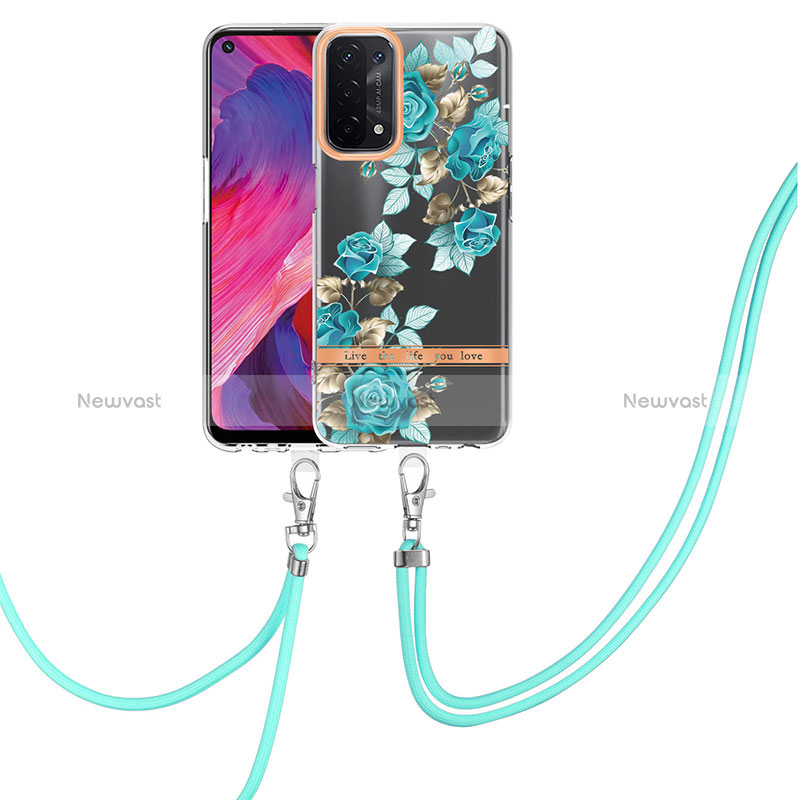 Silicone Candy Rubber Gel Fashionable Pattern Soft Case Cover with Finger Ring Stand Y06B for Oppo A74 5G Cyan