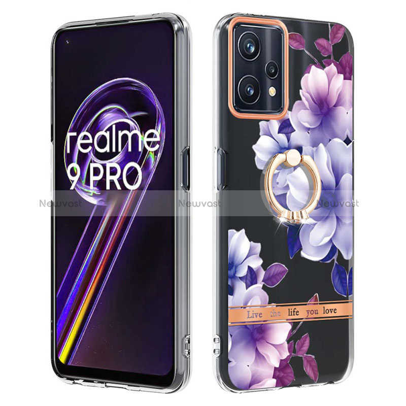 Silicone Candy Rubber Gel Fashionable Pattern Soft Case Cover with Finger Ring Stand Y06B for Realme 9 Pro 5G Purple