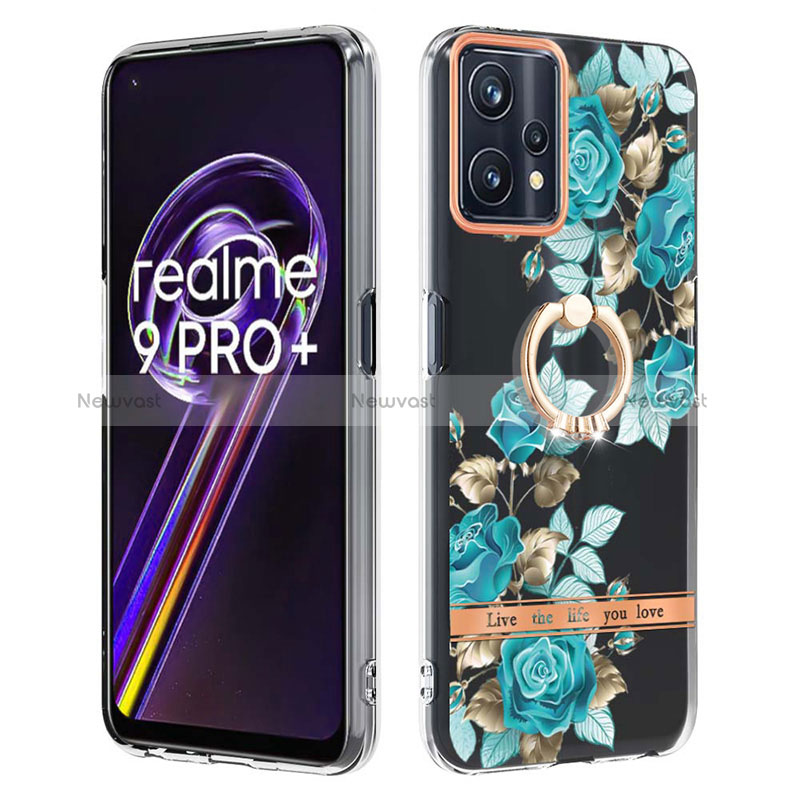 Silicone Candy Rubber Gel Fashionable Pattern Soft Case Cover with Finger Ring Stand Y06B for Realme 9 Pro+ Plus 5G Cyan