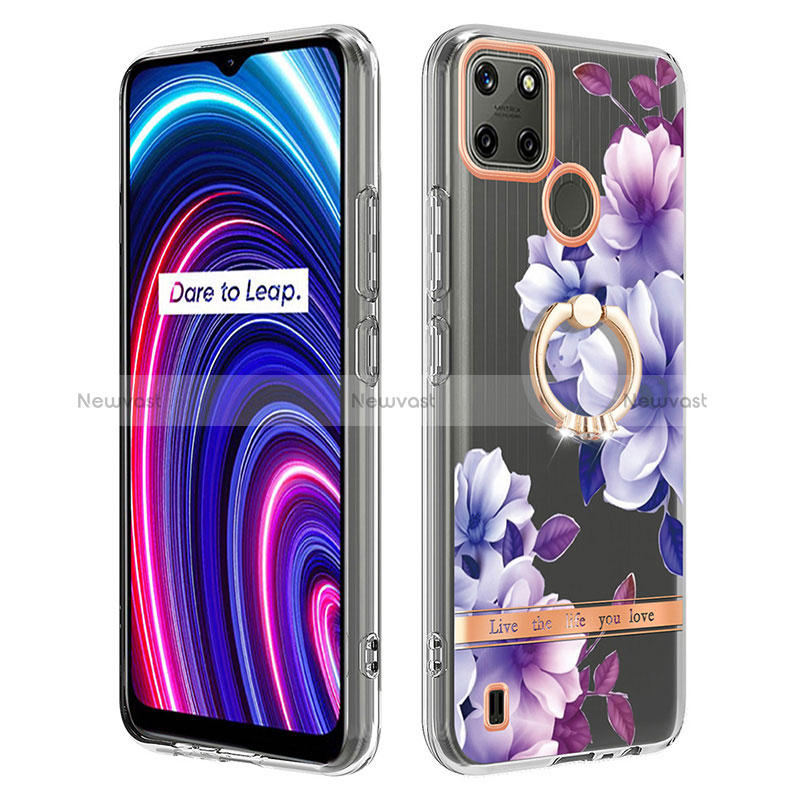 Silicone Candy Rubber Gel Fashionable Pattern Soft Case Cover with Finger Ring Stand Y06B for Realme C21Y Purple