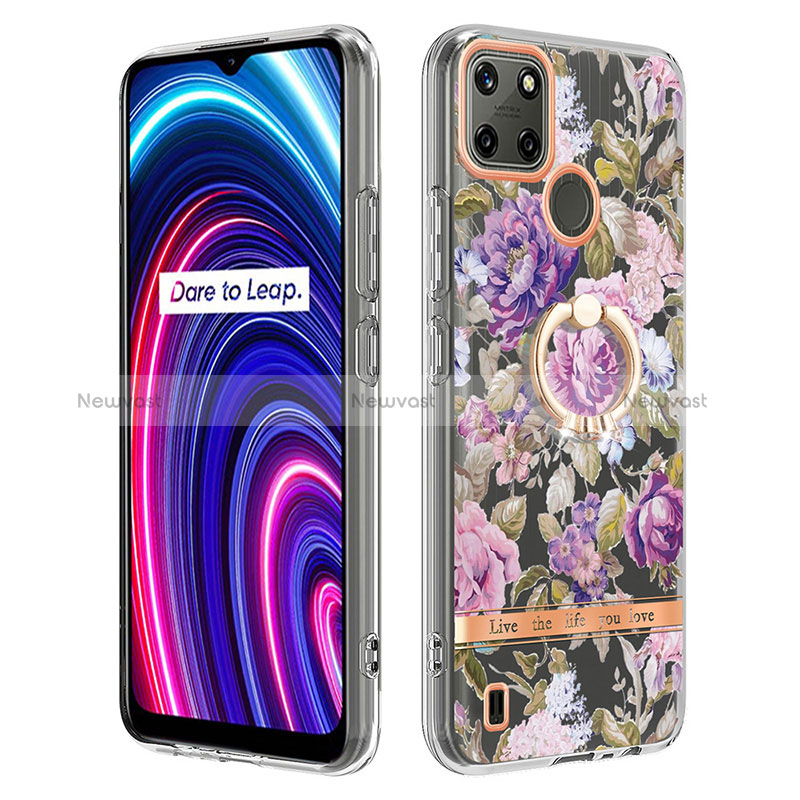 Silicone Candy Rubber Gel Fashionable Pattern Soft Case Cover with Finger Ring Stand Y06B for Realme C25Y India Clove Purple