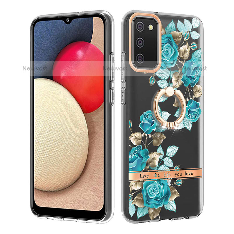 Silicone Candy Rubber Gel Fashionable Pattern Soft Case Cover with Finger Ring Stand Y06B for Samsung Galaxy A02s Cyan