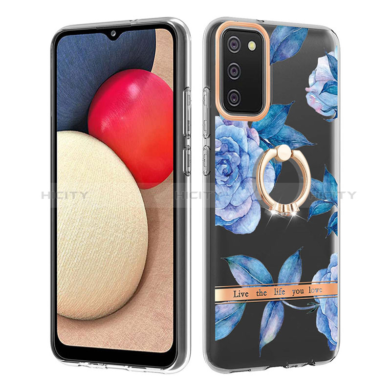 Silicone Candy Rubber Gel Fashionable Pattern Soft Case Cover with Finger Ring Stand Y06B for Samsung Galaxy A03s Blue