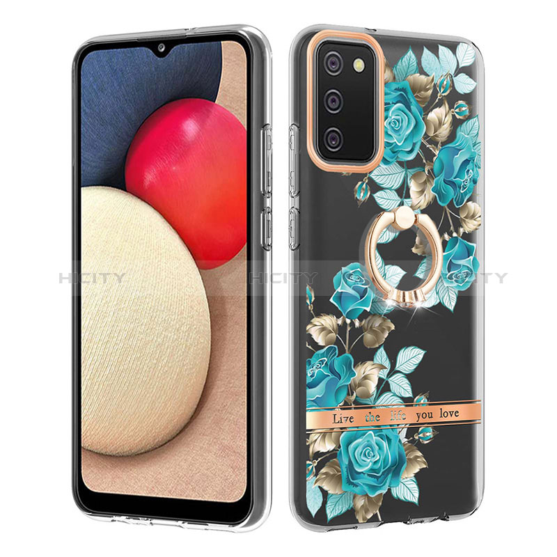 Silicone Candy Rubber Gel Fashionable Pattern Soft Case Cover with Finger Ring Stand Y06B for Samsung Galaxy A03s Cyan