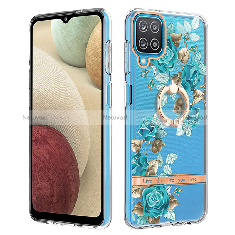 Silicone Candy Rubber Gel Fashionable Pattern Soft Case Cover with Finger Ring Stand Y06B for Samsung Galaxy A12 5G Cyan