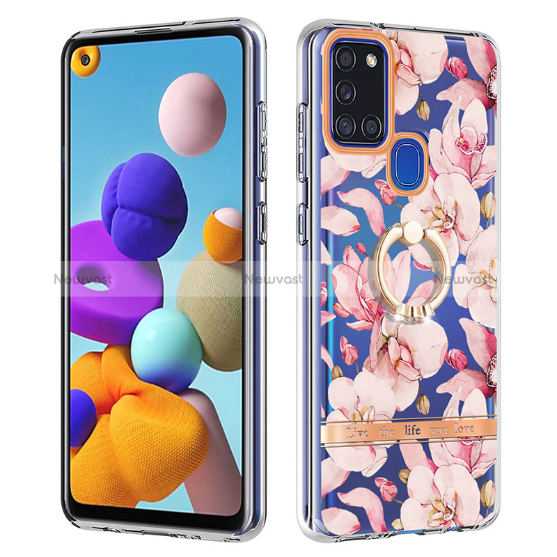 Silicone Candy Rubber Gel Fashionable Pattern Soft Case Cover with Finger Ring Stand Y06B for Samsung Galaxy A21s Pink