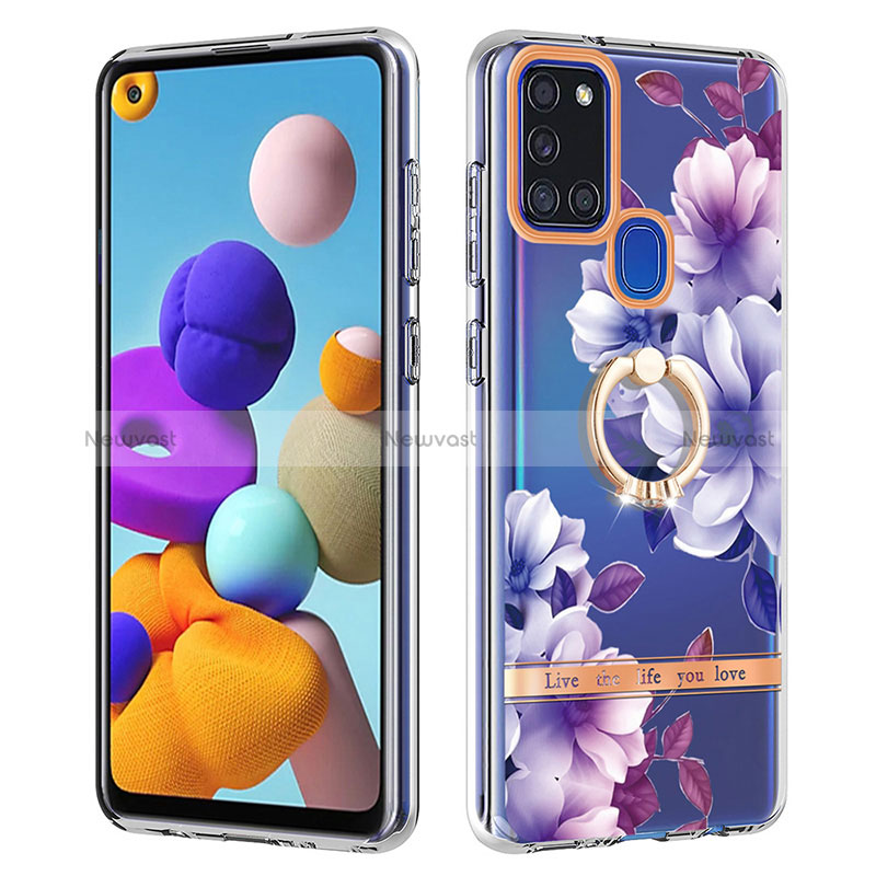 Silicone Candy Rubber Gel Fashionable Pattern Soft Case Cover with Finger Ring Stand Y06B for Samsung Galaxy A21s Purple