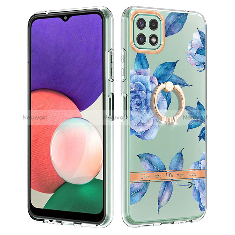 Silicone Candy Rubber Gel Fashionable Pattern Soft Case Cover with Finger Ring Stand Y06B for Samsung Galaxy A22 5G Blue