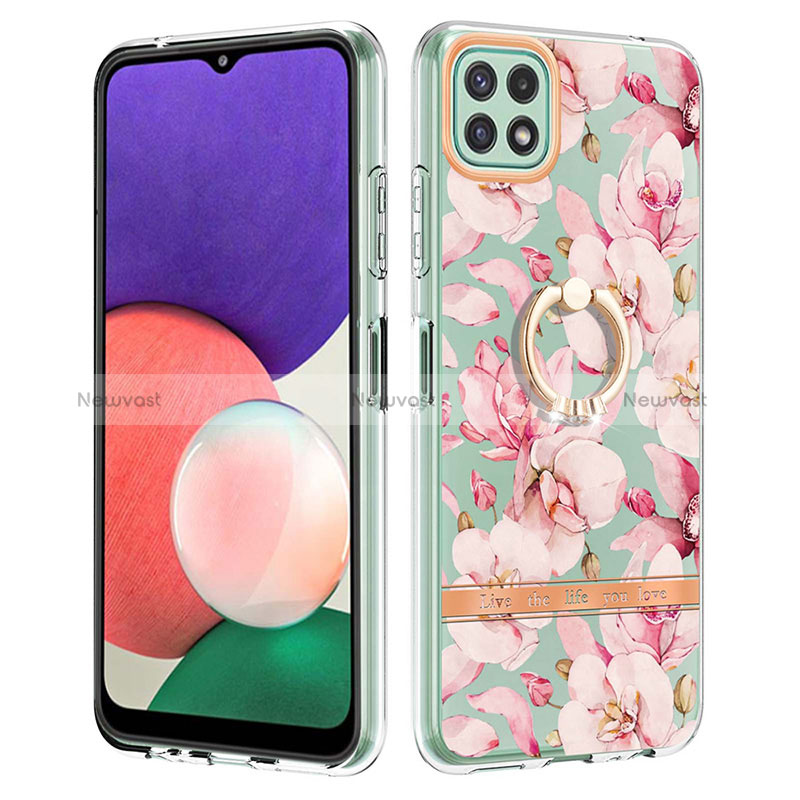 Silicone Candy Rubber Gel Fashionable Pattern Soft Case Cover with Finger Ring Stand Y06B for Samsung Galaxy A22 5G Pink