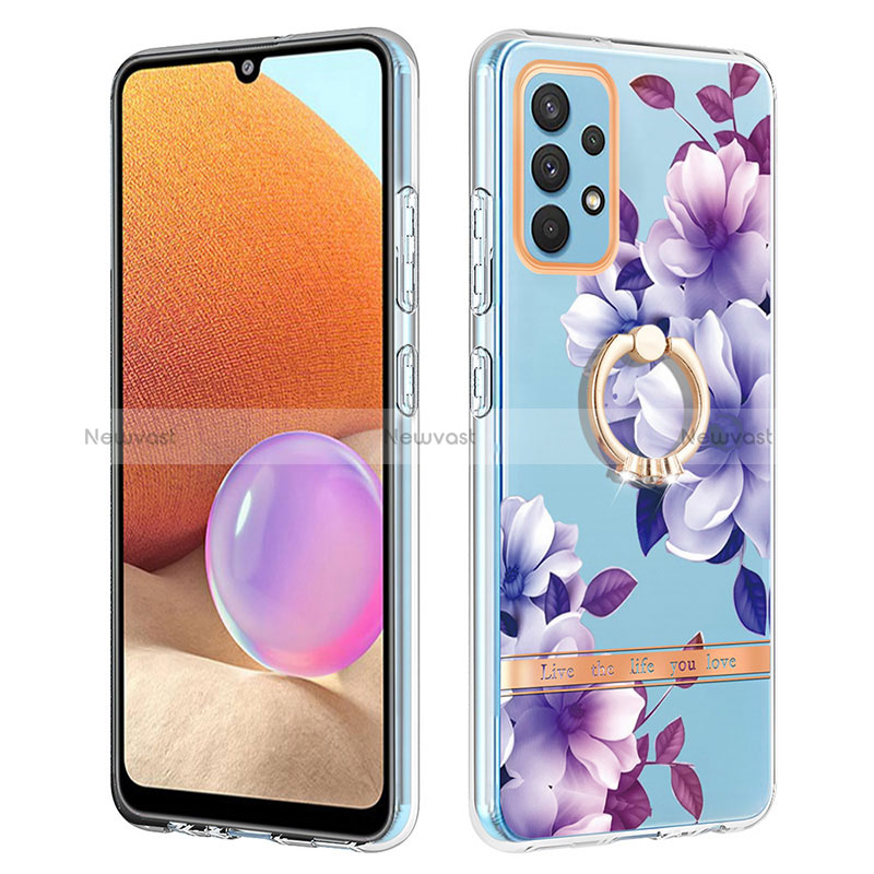 Silicone Candy Rubber Gel Fashionable Pattern Soft Case Cover with Finger Ring Stand Y06B for Samsung Galaxy A32 4G Purple