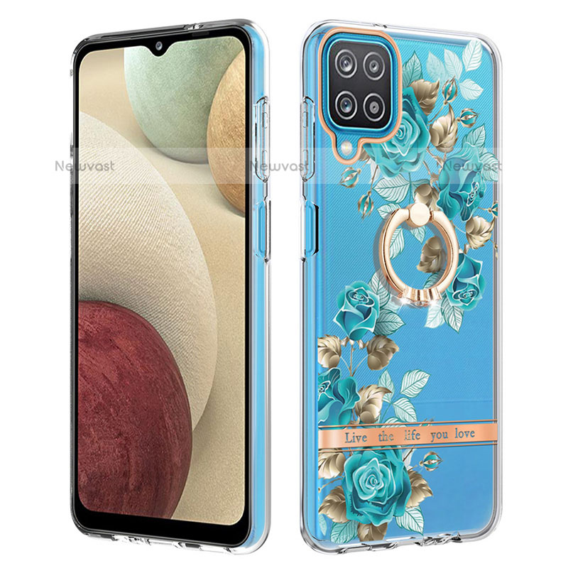 Silicone Candy Rubber Gel Fashionable Pattern Soft Case Cover with Finger Ring Stand Y06B for Samsung Galaxy F12 Cyan