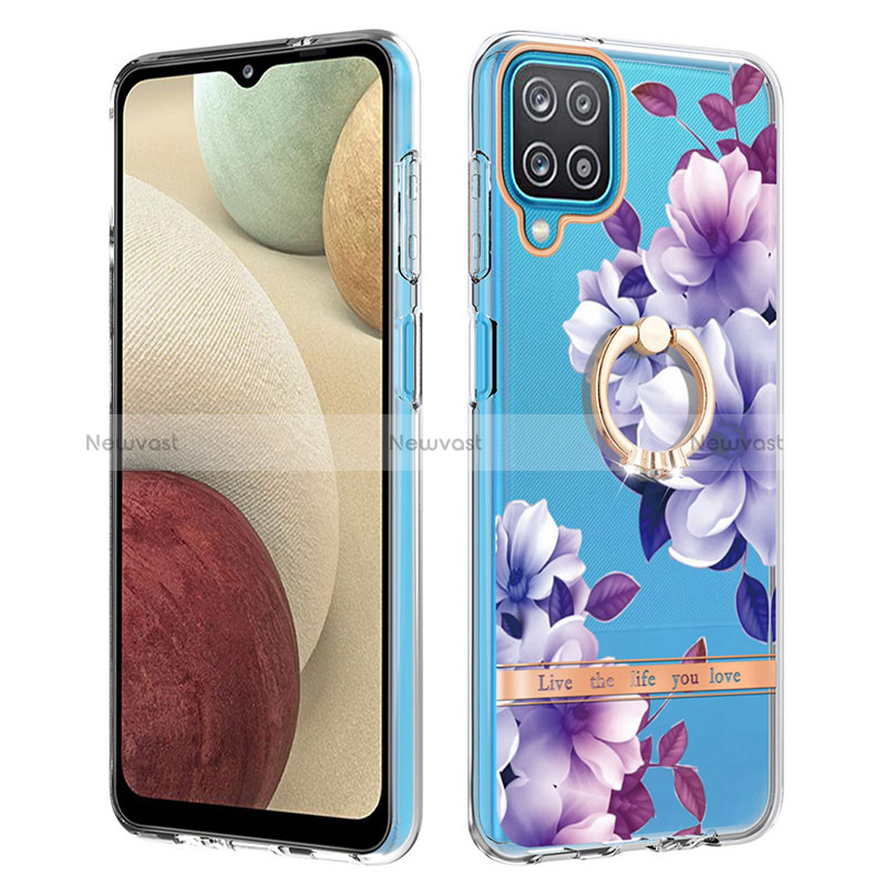 Silicone Candy Rubber Gel Fashionable Pattern Soft Case Cover with Finger Ring Stand Y06B for Samsung Galaxy M12 Purple