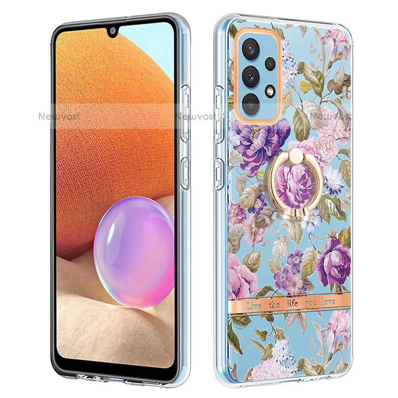 Silicone Candy Rubber Gel Fashionable Pattern Soft Case Cover with Finger Ring Stand Y06B for Samsung Galaxy M32 5G Clove Purple