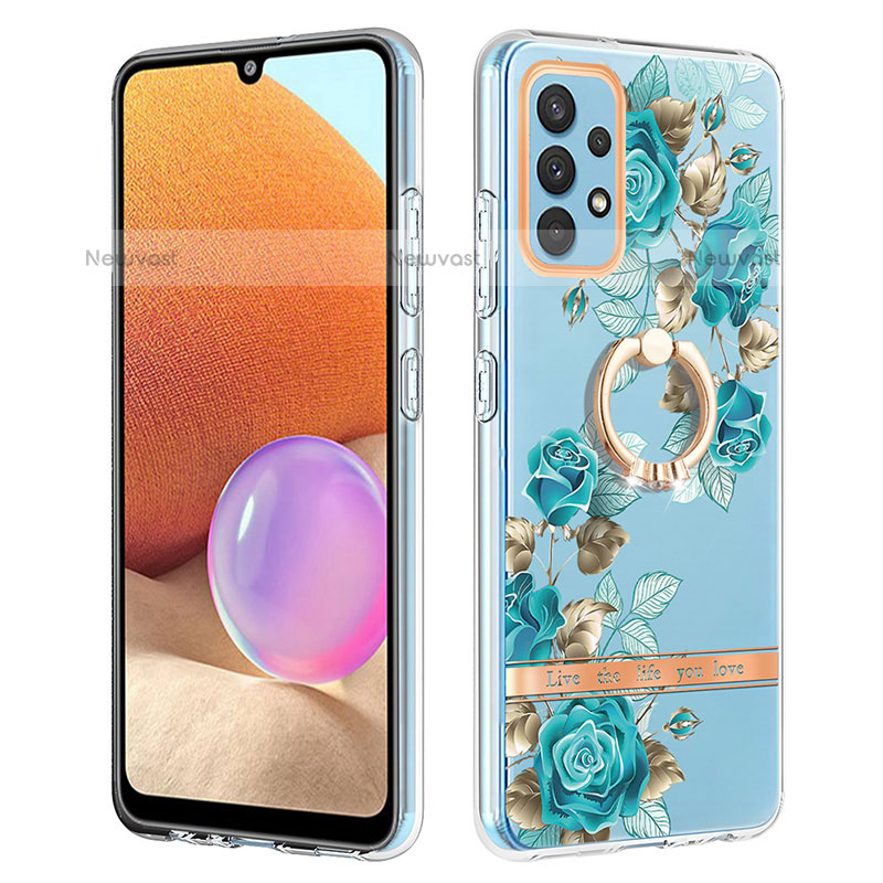 Silicone Candy Rubber Gel Fashionable Pattern Soft Case Cover with Finger Ring Stand Y06B for Samsung Galaxy M32 5G Cyan