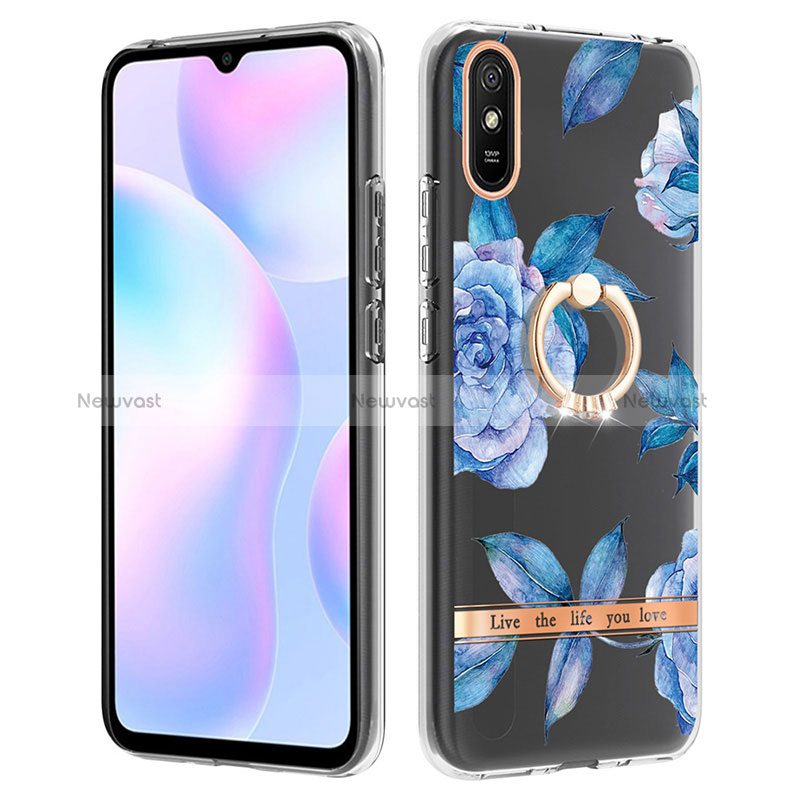 Silicone Candy Rubber Gel Fashionable Pattern Soft Case Cover with Finger Ring Stand Y06B for Xiaomi Redmi 9A Blue