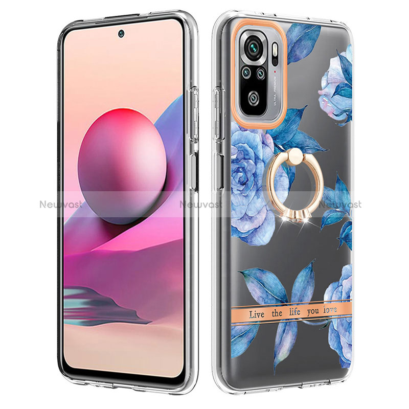 Silicone Candy Rubber Gel Fashionable Pattern Soft Case Cover with Finger Ring Stand Y06B for Xiaomi Redmi Note 10 4G Blue