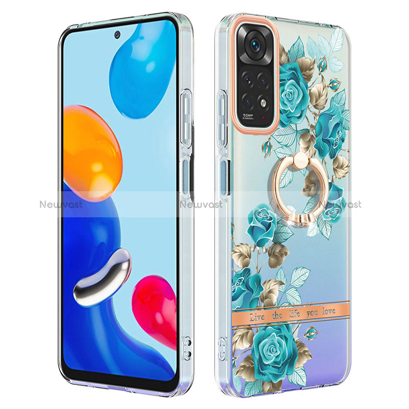 Silicone Candy Rubber Gel Fashionable Pattern Soft Case Cover with Finger Ring Stand Y06B for Xiaomi Redmi Note 11S 4G Cyan