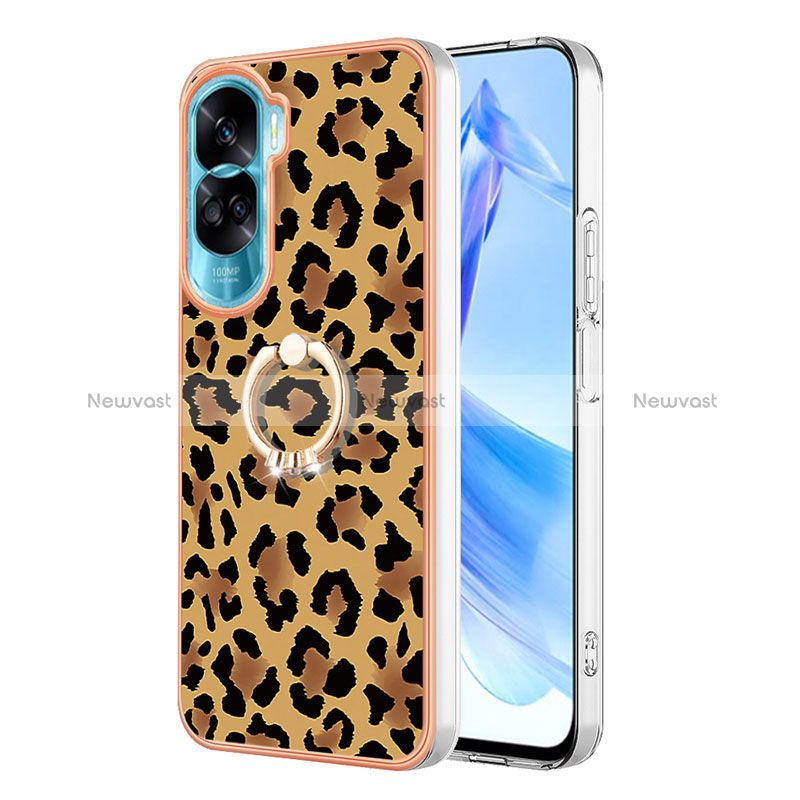 Silicone Candy Rubber Gel Fashionable Pattern Soft Case Cover with Finger Ring Stand YB2 for Huawei Honor 90 Lite 5G Brown