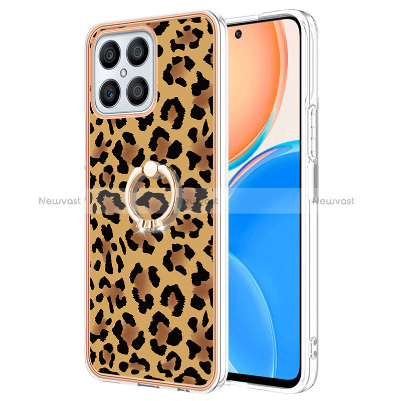 Silicone Candy Rubber Gel Fashionable Pattern Soft Case Cover with Finger Ring Stand YB2 for Huawei Honor X8 4G Brown