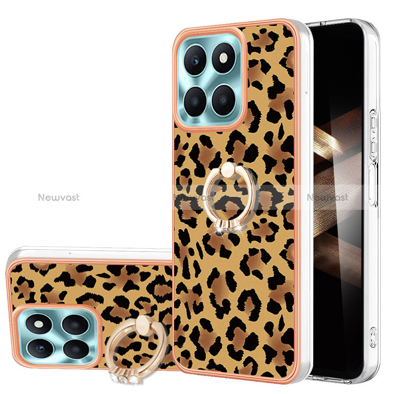 Silicone Candy Rubber Gel Fashionable Pattern Soft Case Cover with Finger Ring Stand YB2 for Huawei Honor X8b Brown
