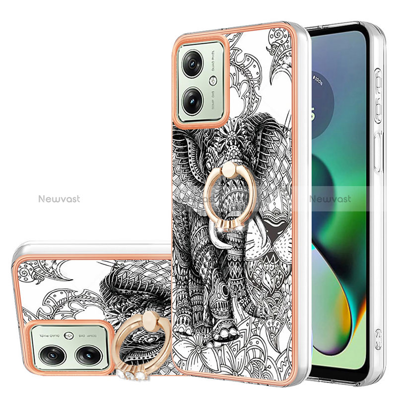 Silicone Candy Rubber Gel Fashionable Pattern Soft Case Cover with Finger Ring Stand YB2 for Motorola Moto G54 5G Gray