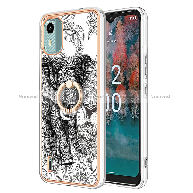 Silicone Candy Rubber Gel Fashionable Pattern Soft Case Cover with Finger Ring Stand YB2 for Nokia C12 Plus Gray