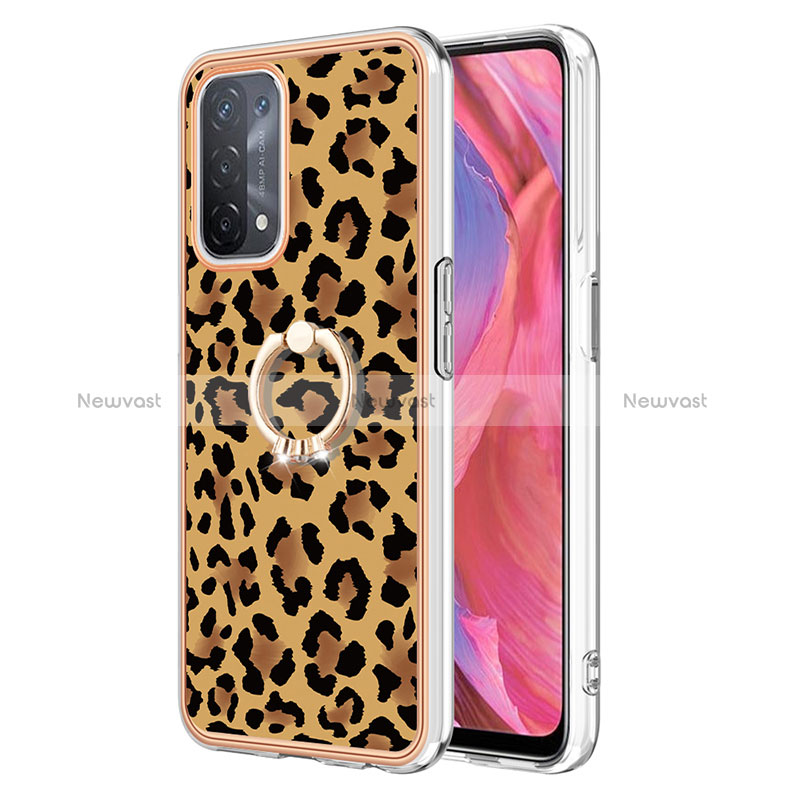 Silicone Candy Rubber Gel Fashionable Pattern Soft Case Cover with Finger Ring Stand YB2 for Oppo A74 5G Brown