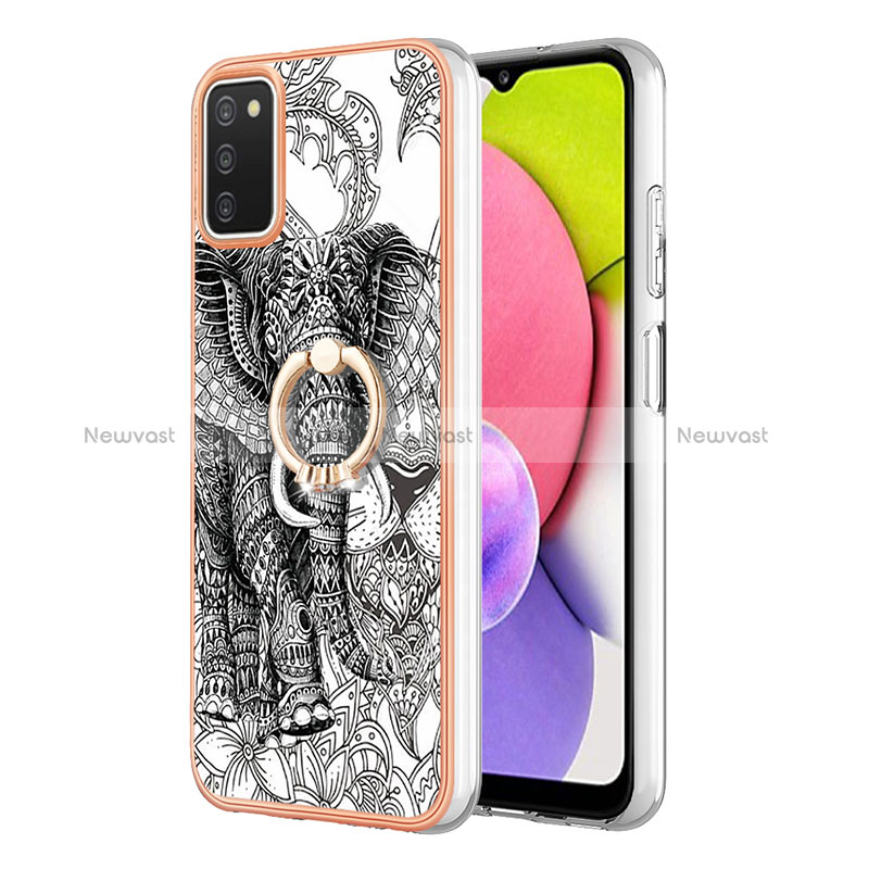 Silicone Candy Rubber Gel Fashionable Pattern Soft Case Cover with Finger Ring Stand YB2 for Samsung Galaxy A03s Gray