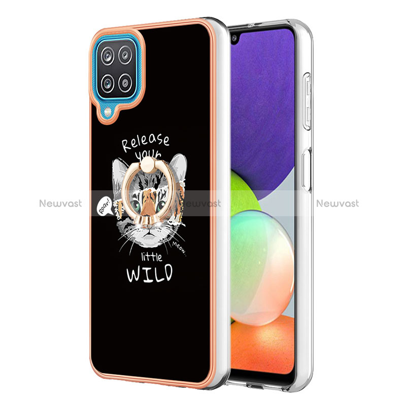 Silicone Candy Rubber Gel Fashionable Pattern Soft Case Cover with Finger Ring Stand YB2 for Samsung Galaxy A12 5G Black