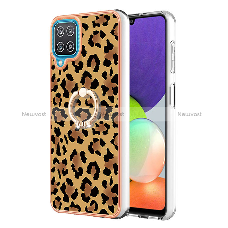 Silicone Candy Rubber Gel Fashionable Pattern Soft Case Cover with Finger Ring Stand YB2 for Samsung Galaxy A12 Nacho Brown