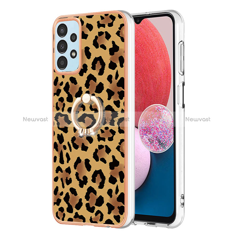 Silicone Candy Rubber Gel Fashionable Pattern Soft Case Cover with Finger Ring Stand YB2 for Samsung Galaxy A13 4G Brown