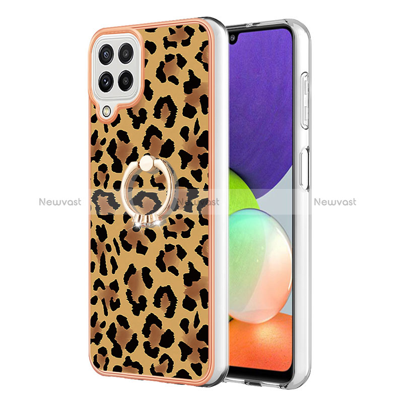 Silicone Candy Rubber Gel Fashionable Pattern Soft Case Cover with Finger Ring Stand YB2 for Samsung Galaxy A22 4G Brown