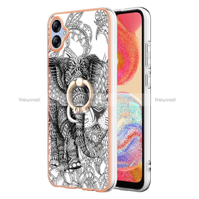 Silicone Candy Rubber Gel Fashionable Pattern Soft Case Cover with Finger Ring Stand YB2 for Samsung Galaxy F04 Gray