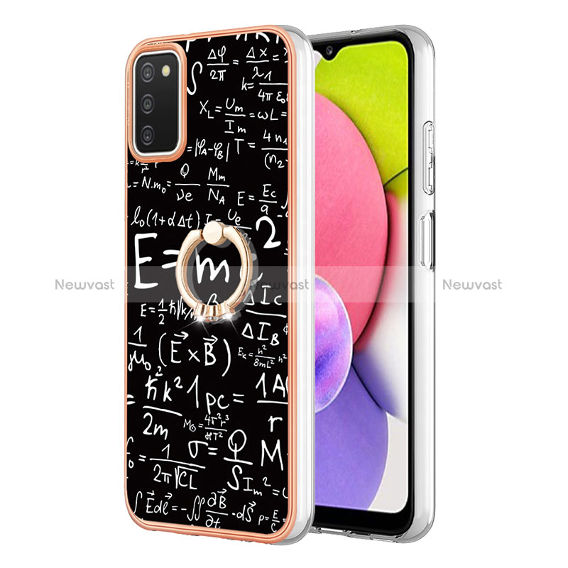 Silicone Candy Rubber Gel Fashionable Pattern Soft Case Cover with Finger Ring Stand YB2 for Samsung Galaxy M02s Black