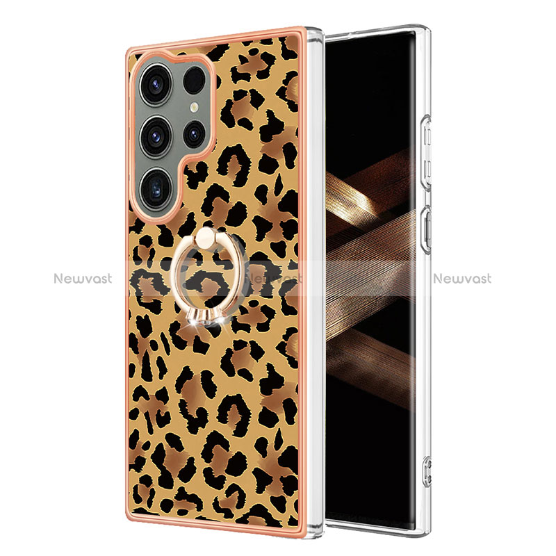 Silicone Candy Rubber Gel Fashionable Pattern Soft Case Cover with Finger Ring Stand YB2 for Samsung Galaxy S24 Ultra 5G Brown