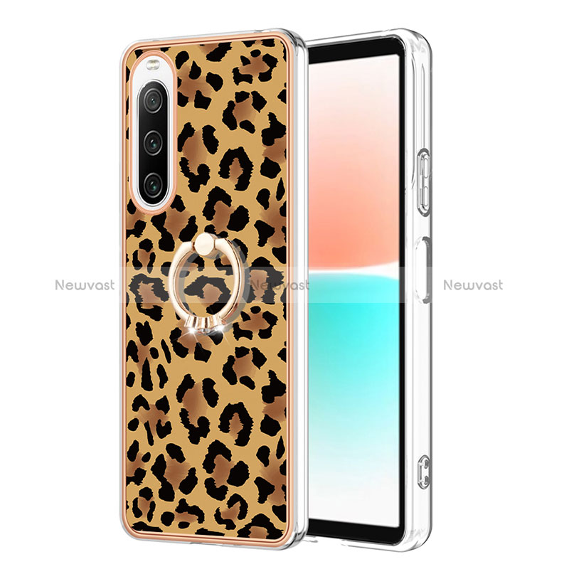 Silicone Candy Rubber Gel Fashionable Pattern Soft Case Cover with Finger Ring Stand YB2 for Sony Xperia 10 IV Brown