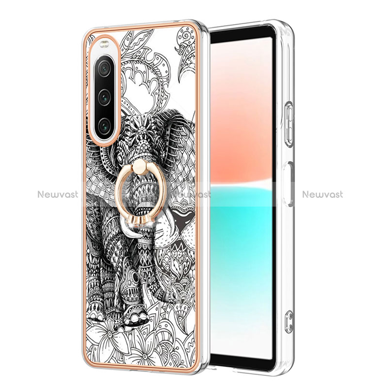 Silicone Candy Rubber Gel Fashionable Pattern Soft Case Cover with Finger Ring Stand YB2 for Sony Xperia 10 IV Gray