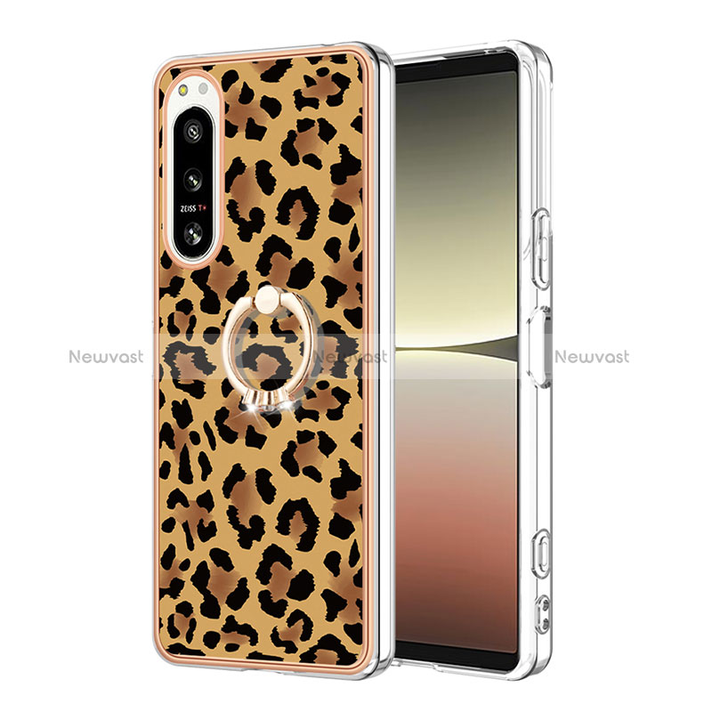 Silicone Candy Rubber Gel Fashionable Pattern Soft Case Cover with Finger Ring Stand YB2 for Sony Xperia 5 IV Brown