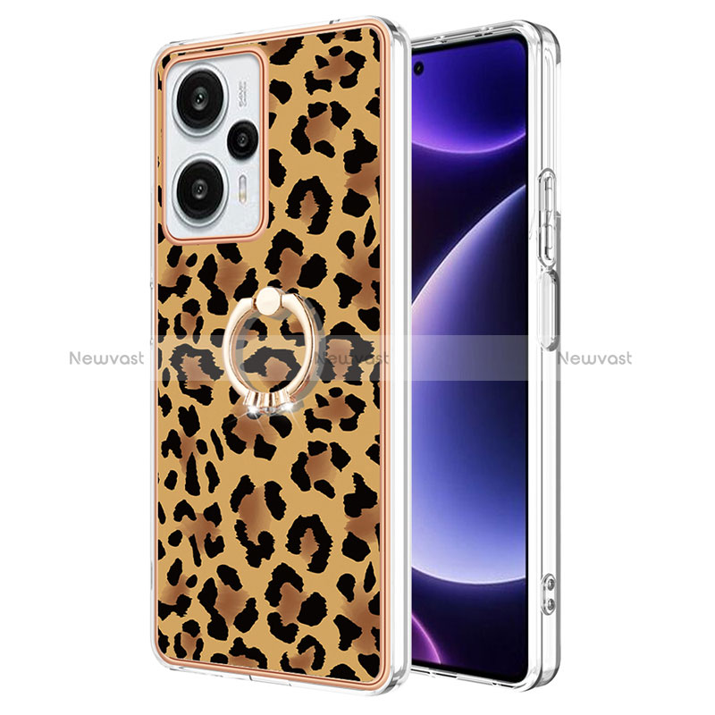 Silicone Candy Rubber Gel Fashionable Pattern Soft Case Cover with Finger Ring Stand YB2 for Xiaomi Poco F5 5G Brown