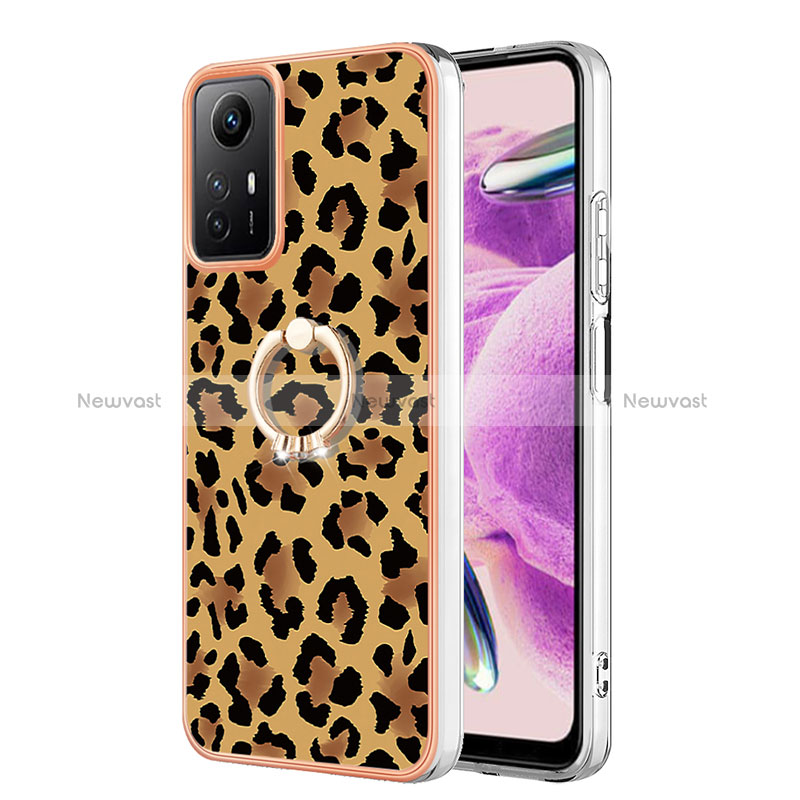 Silicone Candy Rubber Gel Fashionable Pattern Soft Case Cover with Finger Ring Stand YB2 for Xiaomi Redmi Note 12S Brown