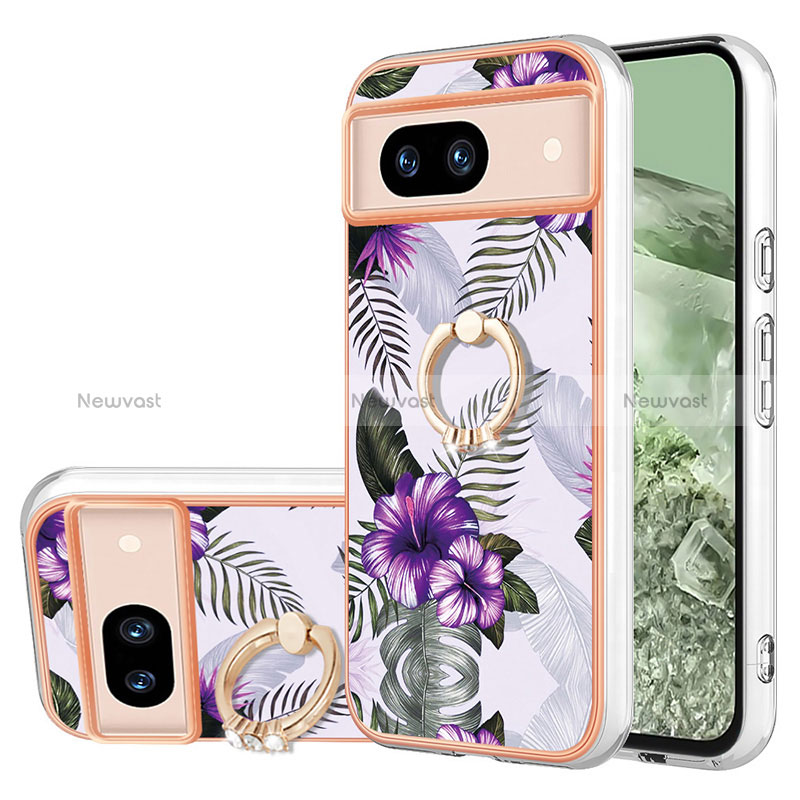 Silicone Candy Rubber Gel Fashionable Pattern Soft Case Cover with Finger Ring Stand YB3 for Google Pixel 8a 5G Purple