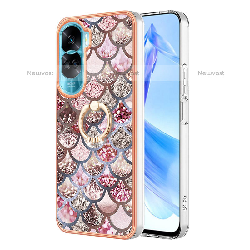 Silicone Candy Rubber Gel Fashionable Pattern Soft Case Cover with Finger Ring Stand YB3 for Huawei Honor 90 Lite 5G Brown