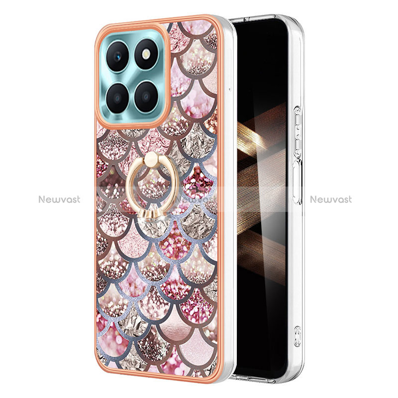 Silicone Candy Rubber Gel Fashionable Pattern Soft Case Cover with Finger Ring Stand YB3 for Huawei Honor X8b Brown