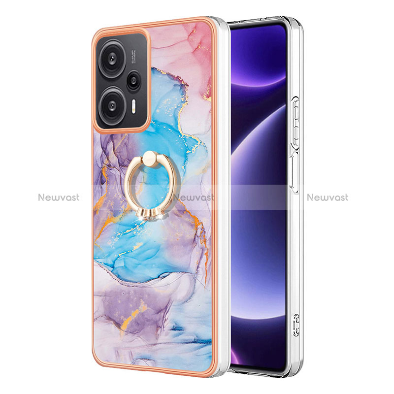 Silicone Candy Rubber Gel Fashionable Pattern Soft Case Cover with Finger Ring Stand YB3 for Xiaomi Poco F5 5G Blue