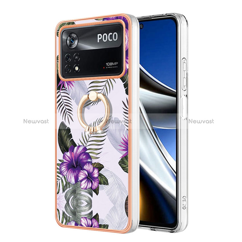 Silicone Candy Rubber Gel Fashionable Pattern Soft Case Cover with Finger Ring Stand YB3 for Xiaomi Poco X4 Pro 5G Purple